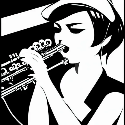 Image similar to an ink drawing of a tech punk girl playing the saxophone by ilya kuvshinov, black and white, white outline, high contrast