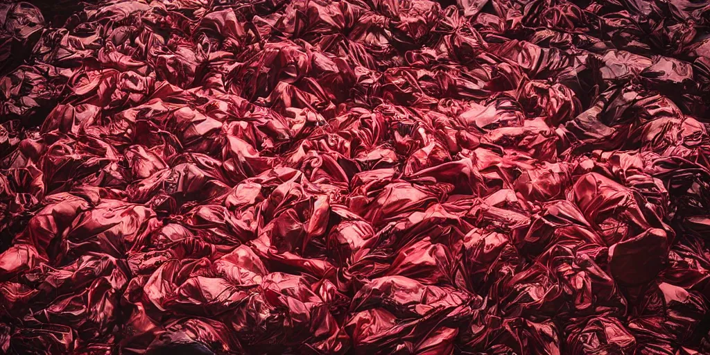 Prompt: photography of a mountain of red garbage bags full of color leds, photography by Annie Leibovitz and david lachapelle, photography award winning, rule of thirds, golden ratio, phi