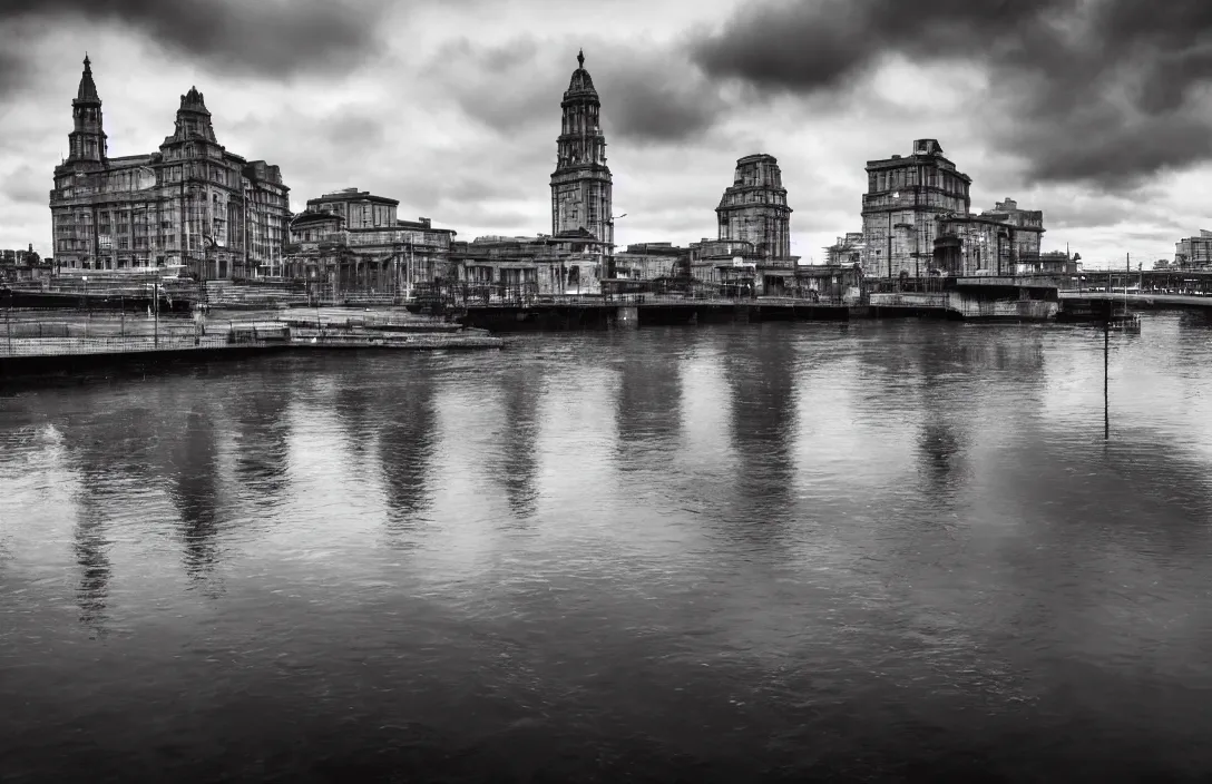Image similar to glasgow city underwater, realistic, high detail, backlit, wide angle shot, turbid water