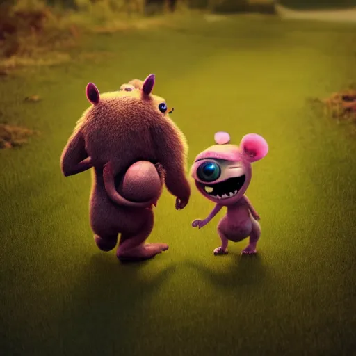 Prompt: a cute little monster walking with a little baby, friends, portrait, pixar style, abandoned environment, cinematic lighting, award winning creature portrait photography