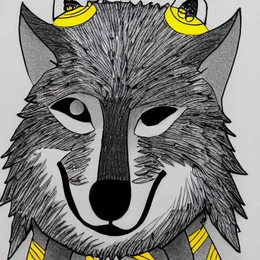 Prompt: lineart of a silly grey wolf wearing a yellow raincoat