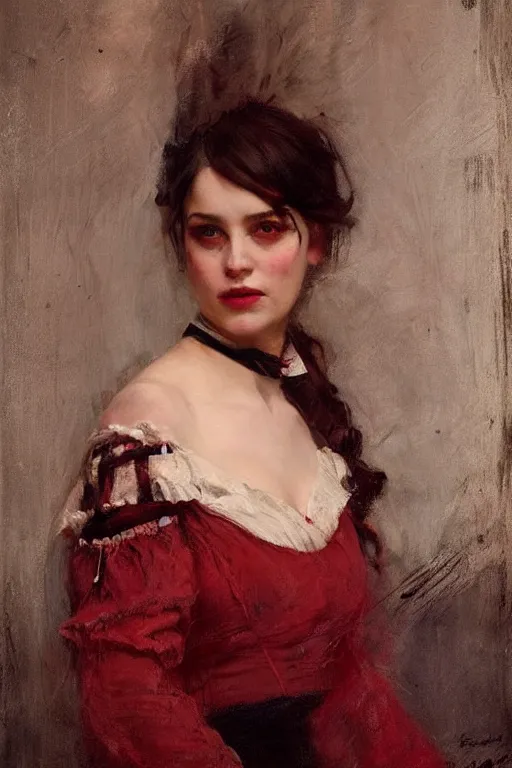 Image similar to Solomon Joseph Solomon and Richard Schmid and Jeremy Lipking victorian genre painting full length portrait painting of a young beautiful woman traditional german barmaid in fantasy costume, red background