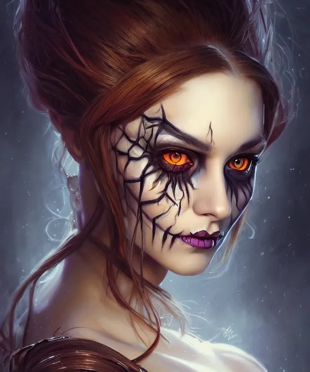 Image similar to Halloween makeup woman portrait, sci-fi, amber eyes, face, long hair, fantasy, intricate, elegant, highly detailed, digital painting, artstation, concept art, smooth, sharp focus, illustration, art by artgerm and greg rutkowski and alphonse mucha