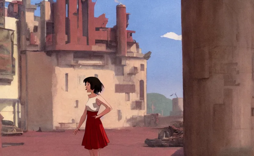 Prompt: a girl with a red skirt on the background of a ruined city, early morning, dieselpunk, by Studio Ghibli and Edward Hopper