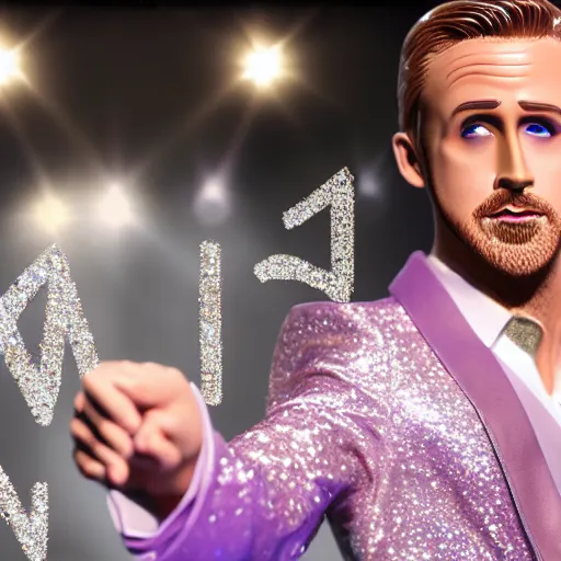Image similar to Ryan Gosling with silver-violet hair, white eyes and golden glittery dress, wide lens, diorama, 4k,
