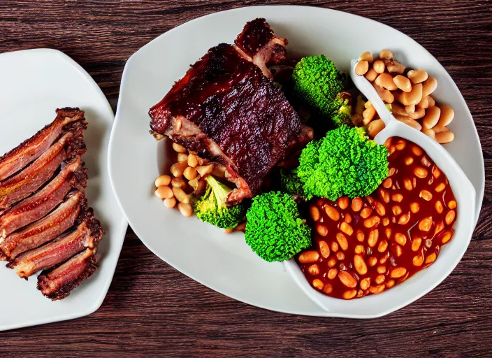 Image similar to dslr food photograph of a rack of ribs with a side of broccoli and baked beans of candy, 8 5 mm f 1. 8