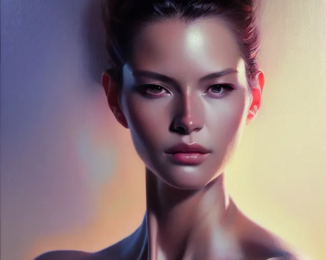 Prompt: a ultradetailed beautiful portrait panting of a stylish woman, oil painting, by hajime sorayama, greg rutkowski and makoto shinkai, trending on artstation