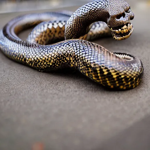Image similar to giant and oversized coiled snake with a metallic skull as the head, XF IQ4, f/1.4, ISO 200, 1/160s, 8K, RAW, unedited, symmetrical balance, in-frame