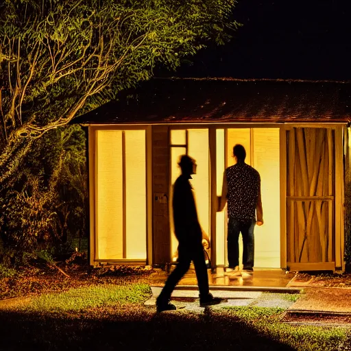 Image similar to A dark photo of two men in a garden at night walking towards a small wooden garden shed