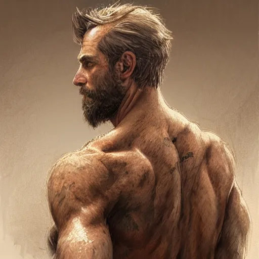 Image similar to back portrait of a rugged ranger, full body, hairy torso, medium-length hair, D&D, fantasy, intricate, elegant, highly detailed, digital painting, artstation, concept art, matte, sharp focus, illustration, art by Artgerm and Greg Rutkowski and Alphonse Mucha