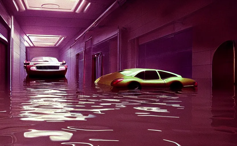 Image similar to car from cars in a flooded fractal hallway, romance novel cover, in 1 9 9 5, y 2 k cybercore, low - light photography, still from a ridley scott pixar movie