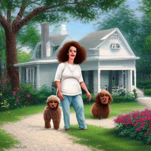 Prompt: painting of a hipster mom, hipster dad, curly headed baby and brown poodle in front of a white single story 1 9 5 0's farm house, in the style of thomas kinkade