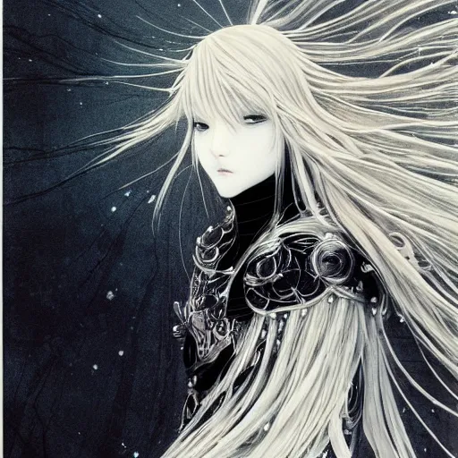 Prompt: Yoshitaka Amano blurred and dreamy illustration of an anime girl wavy white hair fluttering in the wind and cracks on her face wearing Elden ring armour with engraving, abstract black and white patterns on the background, highly detailed face, noisy film grain effect, highly detailed, Renaissance oil painting, weird portrait angle, blurred lost edges, three quarter view