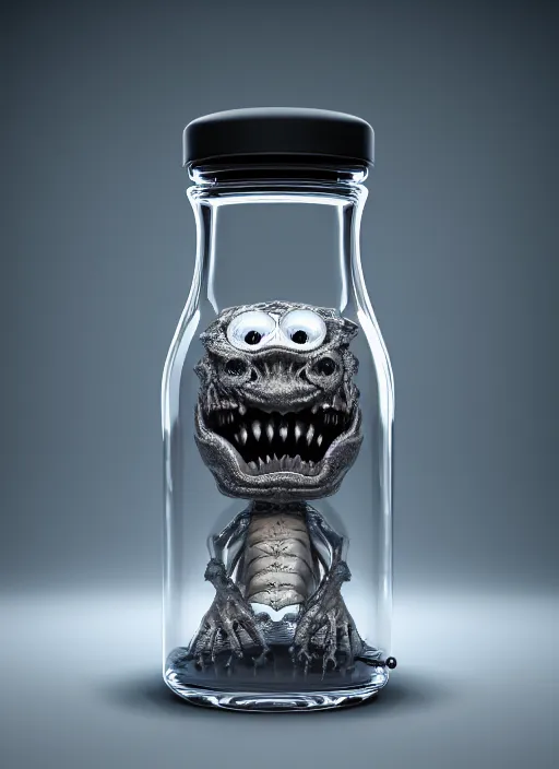 Prompt: magic glass flasks small anthropomorphic monster with face made of trillium flower of sharp teeth inside, realistic, intricate, rendered in octane caustics subsurface scattering render 8 k