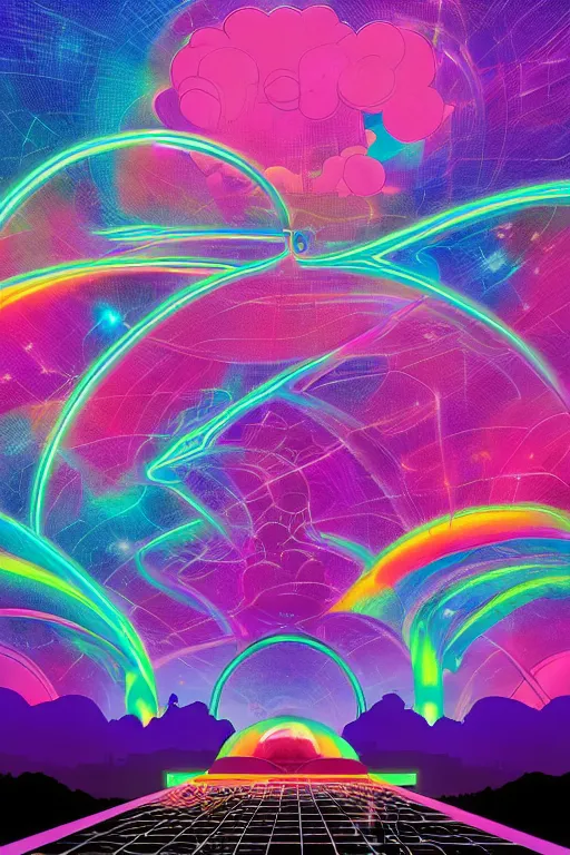 Image similar to comic art of a fluorescent 3 one-point perspective iridescent rainbow fragmentation+smoke+cloud corridors gridded with paintings containing the outside of a galactic dimension vortex , by dan mumford and moebius and brock hofer, tarot card style background, 4k HD, artstation HD