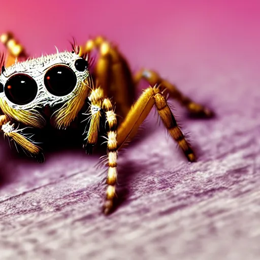 Image similar to a jumping spider pressing his tiny keyboard keys, by pixar, macro lens, iridescent, character concept art grid