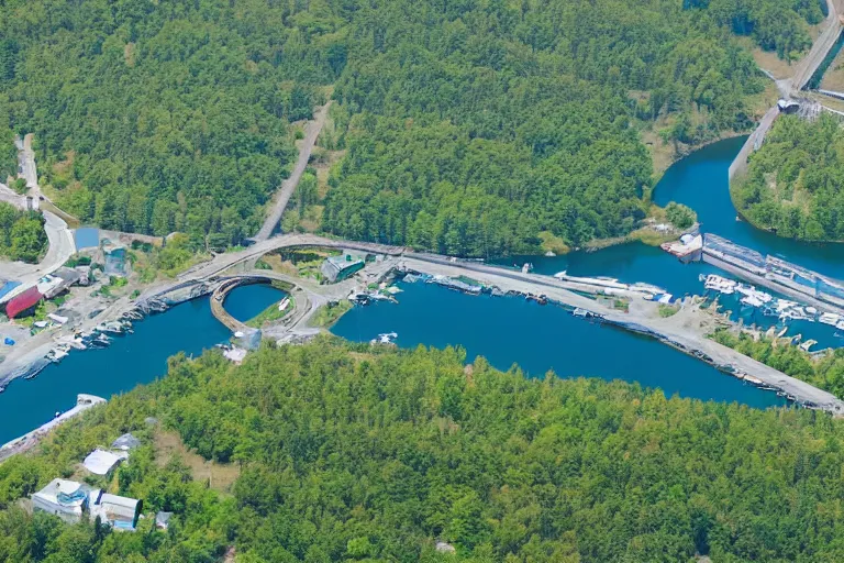 Image similar to bird's eye view of a city, trailer park, a road, bridge, and lagoon with docking area. forest and hills at the northern end