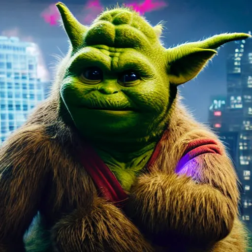 Image similar to ryan reynolds godzilla yoda donkey kong pikachu yeti shrek super mario homer groot waluigi darth vader mike wazowski, highly detailed, extremely high quality, hd, 4 k, 8 k, professional photographer, 4 0 mp, lifelike, top - rated, award winning, cinematic, realistic, detailed lighting, detailed shadows, sharp, no blur, edited, corrected, trending