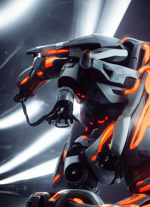 Image similar to a Photorealistic dramatic hyperrealistic full frame render of a Sleek futuristic exosuit Freedom Formula Racing Mech,Ultra realistic details,glossy white metal,Orange racing stripes,weathered surfaces,by Hidetaka Tenjin,Yoh Yoshinori,Yoji Shinkawa,Masamune Shirow,Beautiful dramatic dark moody tones and lighting,cinematic atmosphere,studio lighting,shadows,dark background, Octane render,8K