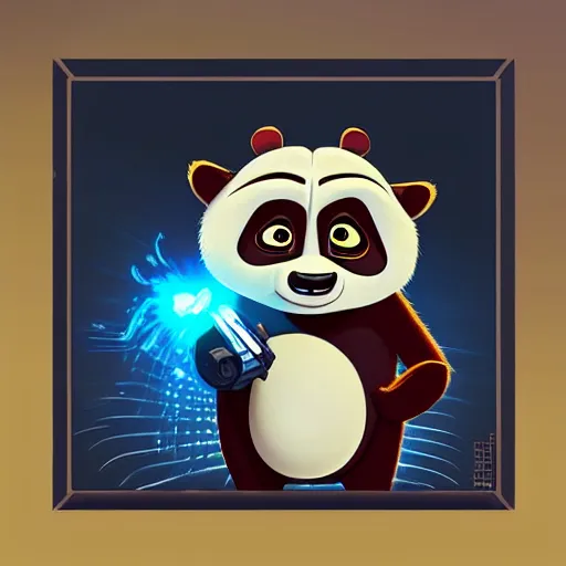 Image similar to “ portrait of a racoon in the style of kung fu panda holding laser gun, with a black background, digital art, award winning, trending on art station, retro style ”