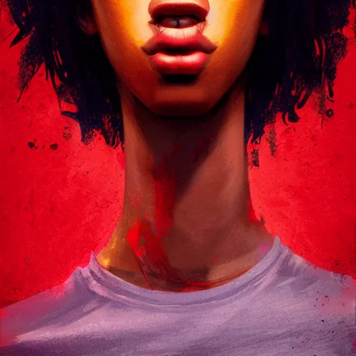 Image similar to colorful and festive captivating teenager with straight brown hair covering his eye, dark skin, big lips, big eyes, wearing a red t - shirt. rich vivid colors, ambient lighting, dynamic lighting, 4 k, atmospheric lighting, painted, intricate, highly detailed by charlie bowater