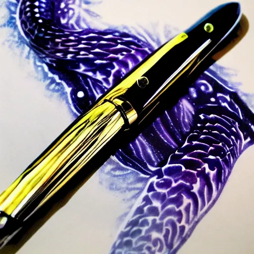 Image similar to a product photo of an ink pen knife ethereal eel by junji ito