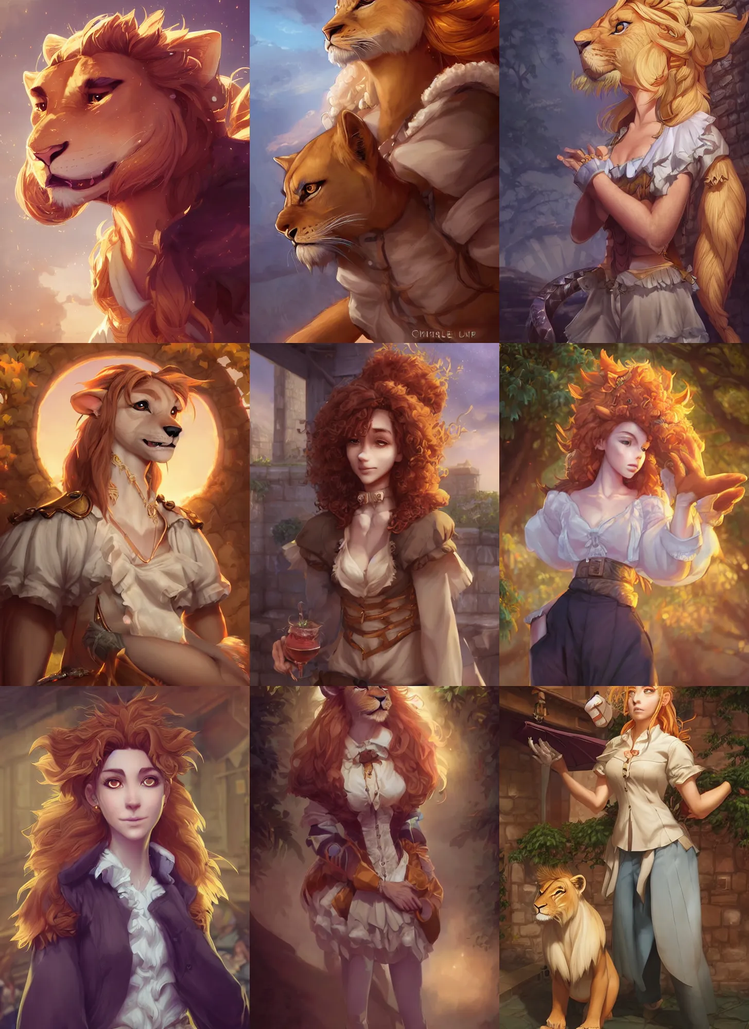 Prompt: beautiful portrait of a female anthropomorphic lioness fursona wearing a fancy ruffled shirt outside a fantasy tavern. character design by charlie bowater, ross tran, artgerm, and makoto shinkai, detailed, soft lighting, rendered in octane