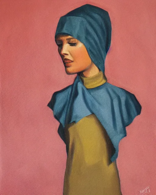 Prompt: a female robot wearing a hijab in the mosque, oil painting