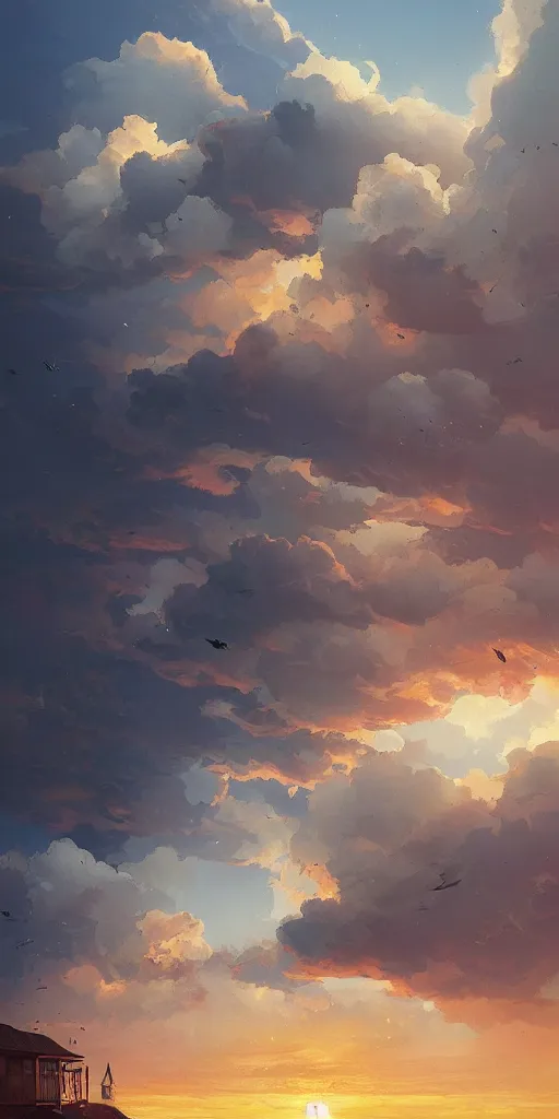 Image similar to a house in the sky clouds, sunset, greg rutkowski, zabrocki, karlkka, jayison devadas, trending on artstation, 8 k, ultra wide angle, zenith view, pincushion lens effect