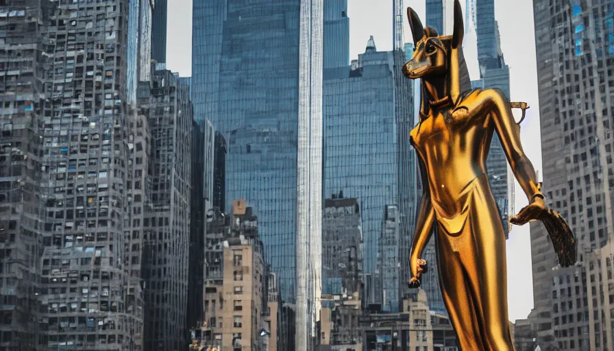 Image similar to a giant anubis statue placed in new york, sunset, drone footage, sharp focus, professional photo