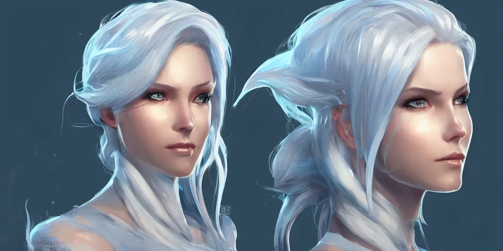 Image similar to concept art of an icy russian female netrunner d & d video game characters head designs, unique hair designs, by marc brunet and artgerm