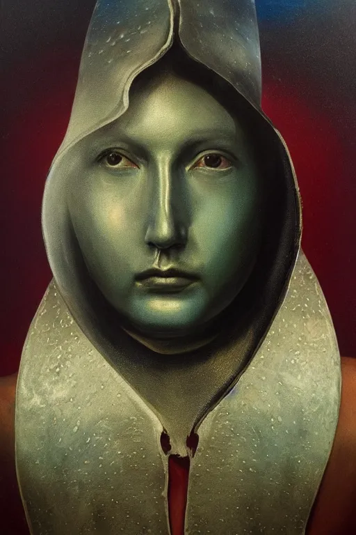 Image similar to hyperrealism oil painting, close - up portrait of face hiding in stingray medieval fashion model, knight, steel gradient mixed with nebula sky, in style of baroque mixed with 7 0 s book art