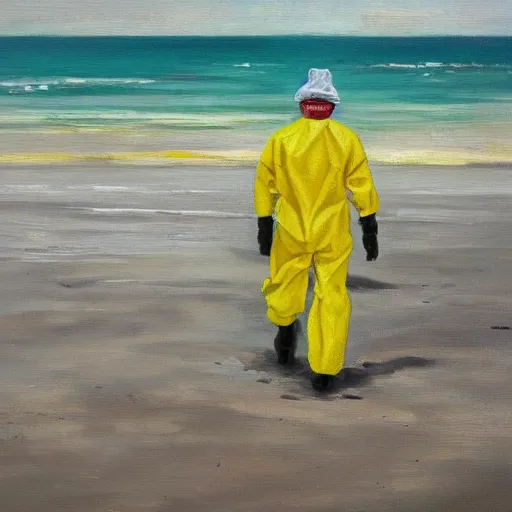 Image similar to a man in a yellow hazmat walking on an abandoned beach, oil painting