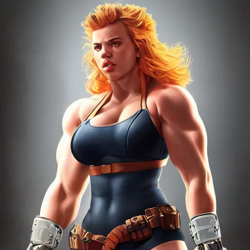 Image similar to scarlett johansson as thick muscular weightlifter zarya from overwatch, highly detailed, digital painting, artstation, sharp focus, illustration, art by tan zi and ayanamikodon, artgerm and alphonse mucha and wlop