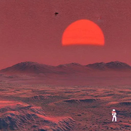 Image similar to a colony on mars by Hayao Miyazaki. a flying vehicle hovering over bright red mars surface