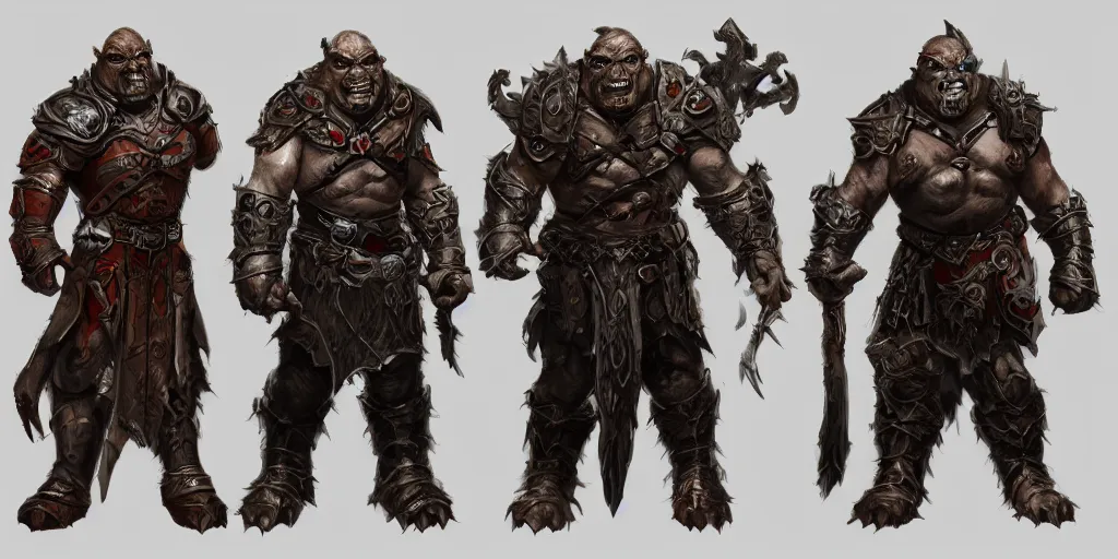 Image similar to three different views of orcs in armour, intricate concept art by senior character artist, trending on artstation, artstation hd, full body, 2 d game art