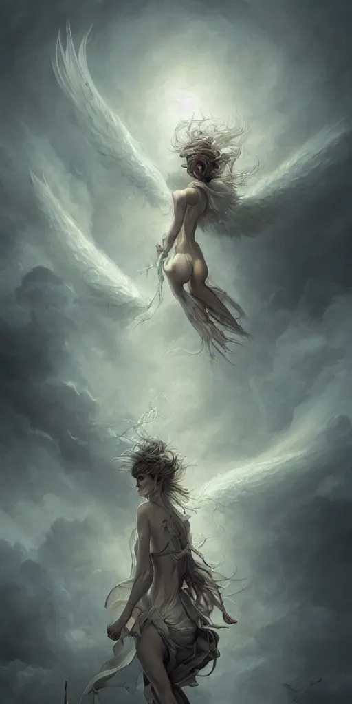 Image similar to a defiant angel walking towards the heavenly gates of hope surrounded by the dark clouds of fear and despair, artistic, artstation painting, behance, peter mohrbacher