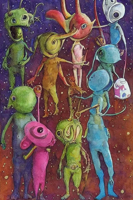 Prompt: cute aliens shopping for clothes by jerry pinkney