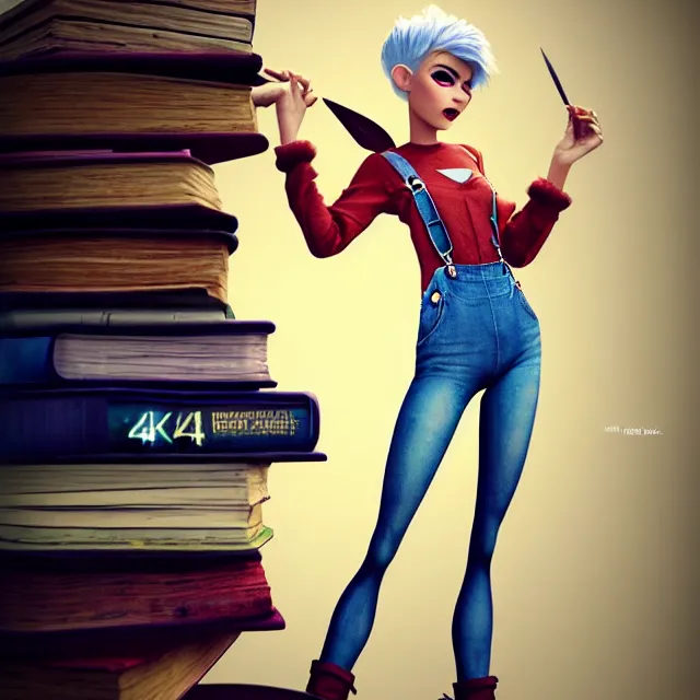 Image similar to full body pose, beautiful adult fairy, pixar, short white hair shaved sides, dirty, grungy, grunge, long sleeve, painted overalls, stacks of giant books, highly detailed, 4 k, hdr, smooth, sharp focus, high resolution, award - winning photo, artgerm, photorealistic