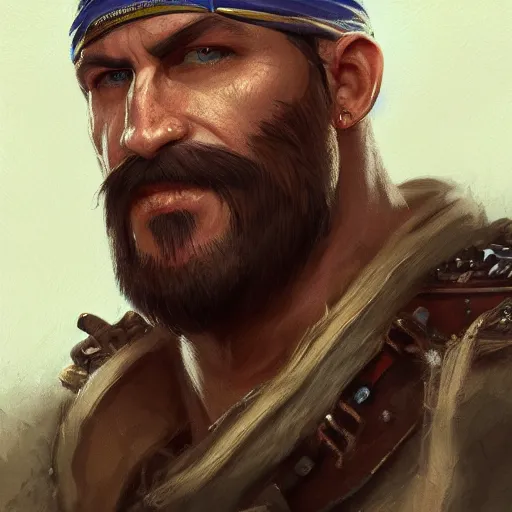 Image similar to portrait old vice barbarian warrior with trucker mustache and bandana, 8 k, trending on art station, by tooth wu and greg rutkowski