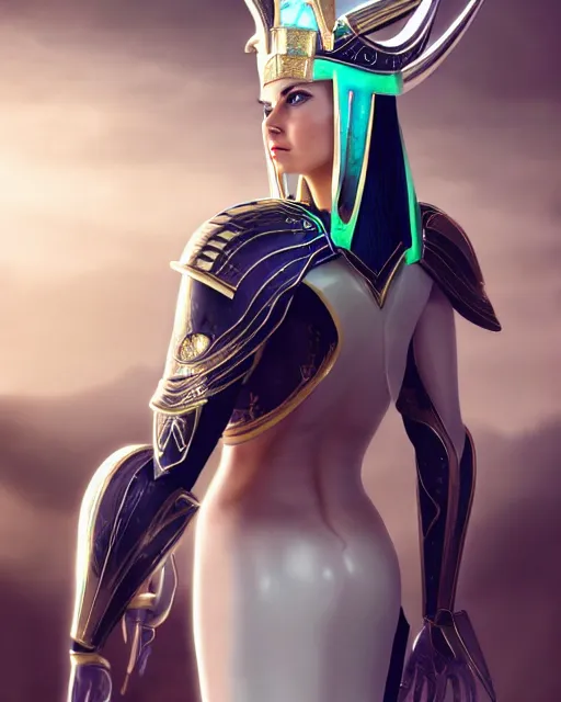 Image similar to perfect white haired attractive egyptian goddess, warframe armor, pharaoh headdress, beautiful, symmetric, dreamy, half asian, pretty face, green eyes, charlize theron, detailed, scifi platform, laboratory, experiment, 4 k, ultra realistic, epic lighting, android body, illuminated, cinematic, masterpiece, art by akihito tsukushi, voidstar