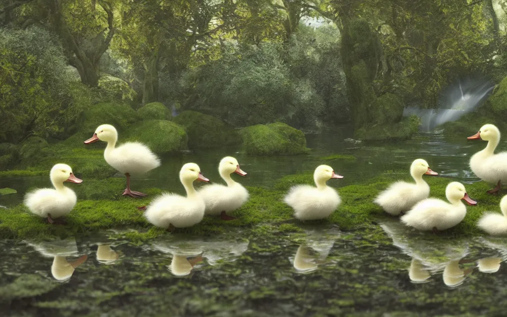 Image similar to on the right a group of white ducklings, on the left a small black duckling, in a pond surrounded by nature, moss, trees, rays of light, reflections, highly detailed, cinematic lighting, perfect composition, 4 k, gustave dore, derek zabrocki, greg rutkowski, belsinski, octane render