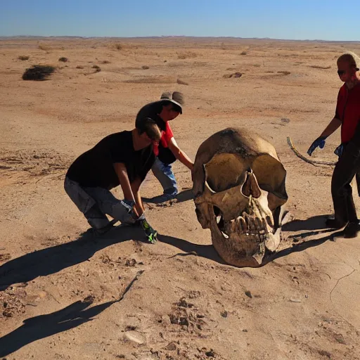 Image similar to Paleontologists finding a gigantic skull in the desert