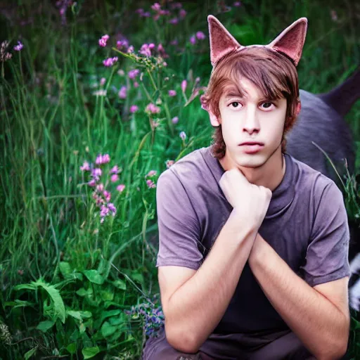 Image similar to A pretty young man with cat ears in his natural habitat. 4K National Geographic photograph