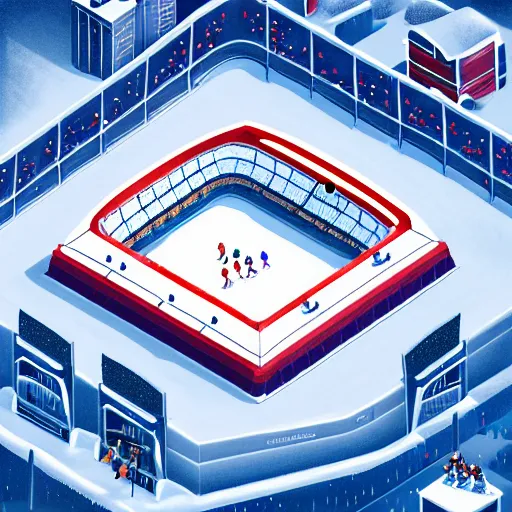 Image similar to Hockey arena game illustration, aerial view, isometric Voxel, Blizzard, EASports, intricate, elegant, highly detailed, digital painting, artstation, concept art, smooth, sharp focus, art by Roman Klco and Shadow Run, brightly lit cinematic soft lighting, photorealistic