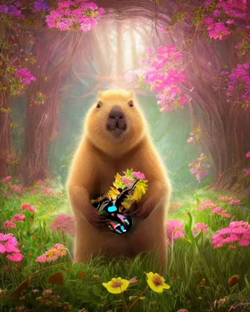 Image similar to Capybara playing Guitar in magical forest, portrait, wearing flower crown, magical notes, flowers, flower dress, birds, fairy atmosphere, magic the gathering artwork, D&D, fantasy, cinematic lighting, centered, symmetrical, highly detailed, digital painting, artstation, concept art, smooth, sharp focus, illustration, volumetric lighting, epic Composition, 8k, art by Akihiko Yoshida and Greg Rutkowski and Craig Mullins, oil painting, cgsociety