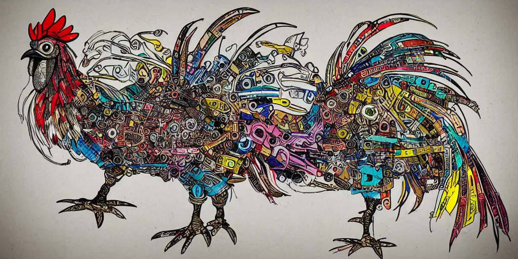 Prompt: colorful schematic of a fighting rooster made of car engine parts, schematic, dieselpunk, mix of styles, illustration, hand drawn, intricate, highly detailed