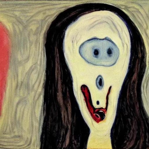 Image similar to portrait of a pale and thin, sickly - looking person of mixed ethnicity uttering a silent scream in the style of edvard munch's the scream.