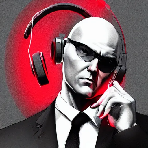 Prompt: a portrait of agent 4 7 from hitman wearing headphones, black background, red rim light, highly detailed, smooth, sharp focus, art by maciej kuciara