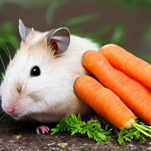 Prompt: a hamster with a horse head eating a carrot